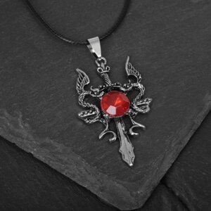 Кулон 'Готика' драконы и крест, цвет красный в серебре на чёрном шнурке, 46 см