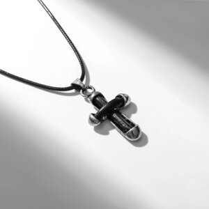Кулон на шнурке 'Крест' кожа, цвет чёрный в чернёном серебре на чёрном шнурке, 40 см