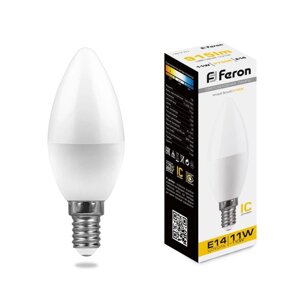 Лампа светодиодная FERON, C37, 11 Вт, E14, 915 Лм, 2700 К, 220, 114х37, теплый белый