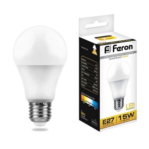 Лампа светодиодная FERON LB-94, A60, E27, 15 вт, 230 в, 2700 к, 1300 лм, 220, 115 х 60 мм