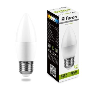 Лампа светодиодная FERON, Свеча'Е27, 9 Вт, 230 В, 4000 К