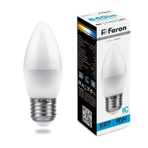 Лампа светодиодная FERON, Свеча'Е27, 9 Вт, 230 В, 6400 К