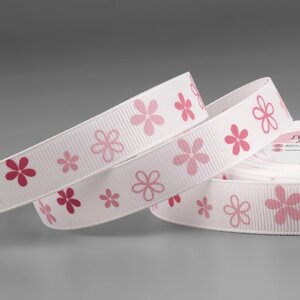 Лента репсовая 'Цветочки'15 мм, 23 1 м, цвет белый/розовый (комплект из 2 шт.)