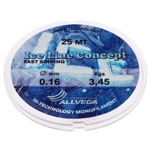 Леска монофильная ALLVEGA Ice Line Concept, диаметр 0.16 мм, тест 3.45 кг, 25 м, прозрачная