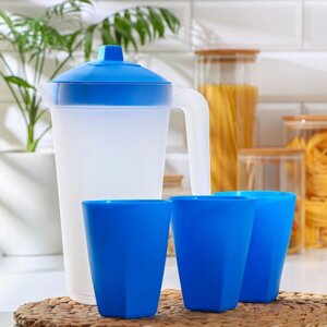 Набор для напитков пластиковый, 4 предмета, Кувшин 2 л, 3 стакана 500 мл, 20x12x26 см, цвет голубой