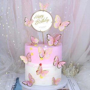 Набор для украшения торта 'С днём рождения'бабочки, цвет розовый