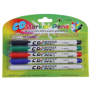 Набор маркеров для CD/DVD, 5 цветов красный, чёрный, синий, зелёный, стирающий, 2.0 мм, блистер