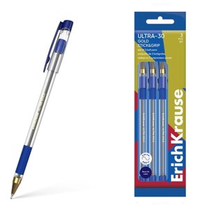 Набор ручек шариковых 3 штуки, ErichKrause ULTRA-30 Gold Stick Grip Classic игольчатый узел 0.7 мм, цвет синий