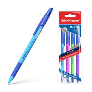 Набор ручек шариковых 4 штуки ErichKrause R-301 Neon Stick Grip, узел 0.7 мм, чернила синие, резиновый упор, длина
