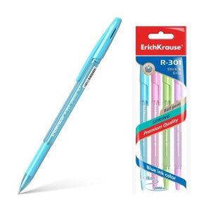 Набор ручек шариковых 4 штуки ErichKrause R-301 Spring Stick Grip, узел 0.7 мм, чернила синие, резиновый упор, длина