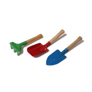 Набор садового инструмента, 3 предмета грабли, совок, лопатка, длина 20 см, деревянная ручка, МИКС
