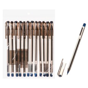 Набор шариковых ручек 12 штук, 0,7мм, корпус прозрачный игольчатый, пишущий узел, чернила синие
