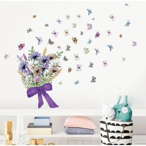 Наклейка пластик интерьерная цветная 'Букет полевых цветов с бабочками' 30х90 см