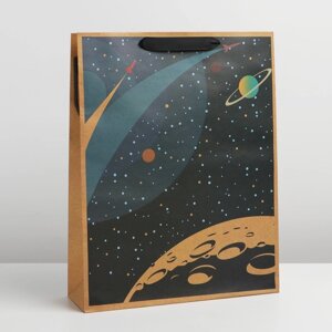Пакет подарочный крафтовый вертикальный, упаковка, Космос'L 31 х 40 х 11,5 см