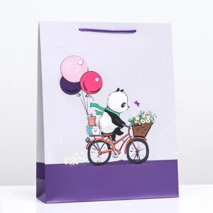 Пакет подарочный 'Медведь на велосипеде с шарами' 33 х 42,5 х 10,5 см