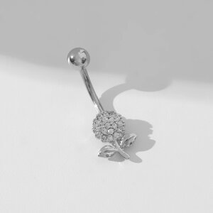 Пирсинг в пупок 'Цветок' на стебельке, штанга L1 см, цвет белый в серебре