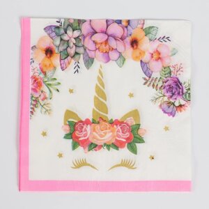 Салфетки бумажные 'Единорог и цветы'33х33 см, набор 20 шт., цвет розовый