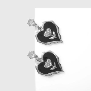 Серьги эмаль 'Сердца' с тюльпанами, цвет бело-чёрный в серебре