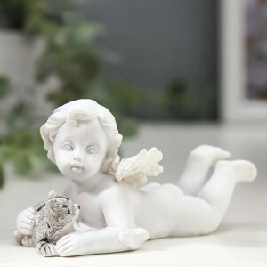 Сувенир полистоун 'Белоснежный ангел с цветным полосатым котиком' 5х4,5х9,6 см