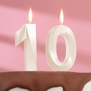 Свеча в торт юбилейная 'Грань'набор 2 в 1), цифра 10, жемчужный, 6,5 см