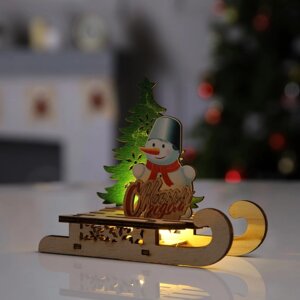 Светодиодная фигура 'Сани со снеговиком' 15.5 x 12 x 5.5 см, дерево, батарейки LR1130х3, свечение тёплое белое