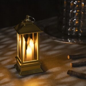 Светодиодная фигура 'Золотистый фонарь со свечками' 5.5 x 13 x 5.5 см, пластик, батарейки AG13х3, свечение тёплое белое