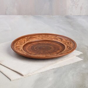 Тарелка, плоская, роспись ангобом, красная глина, 21.5 см, микс