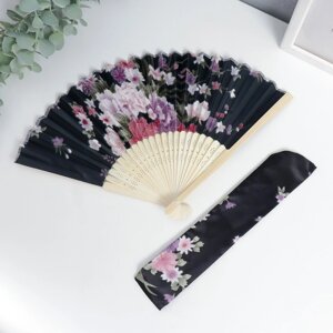 Веер бамбук, текстиль h21 см 'Цветы' с чехлом, чёрный
