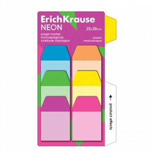 Закладки с клеевым краем пластиковые 25X38 мм, ErichKrause 'Neon'60 листов 6 цветов