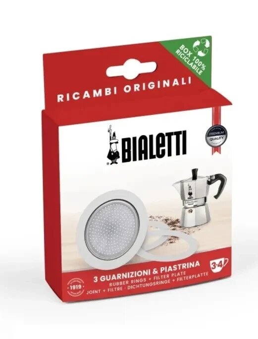 3 уплотнителя + 1 фильтр Bialetti для алюминиевых кофеварок на 3/4 чашки от компании ТОО "МИЛЛ-АГРО КАЗАХСТАН" - фото 1