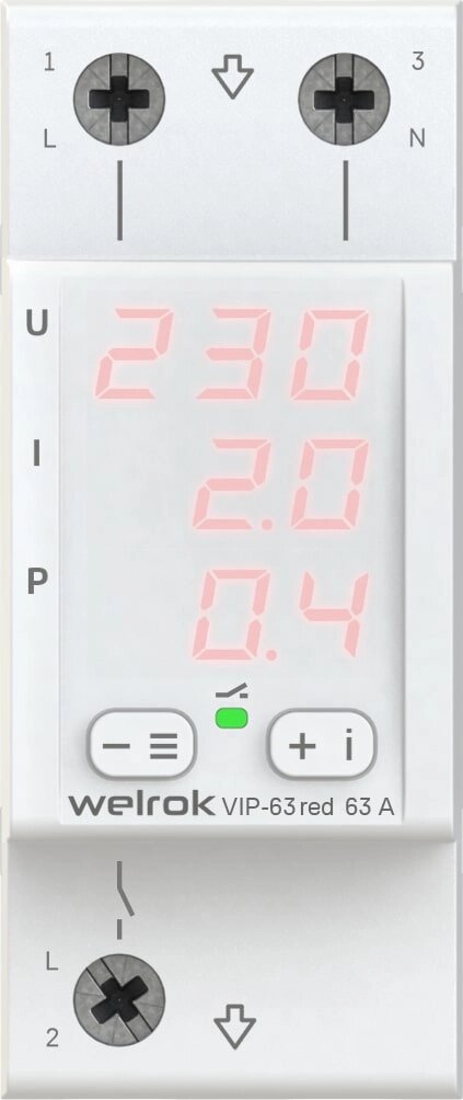 Многофункциональное реле напряжения с контролем тока и мощности Welrok VIP-63 red от компании ТОО Alfaopt KZ - фото 1