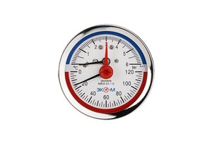 Термоманометр Экомера МД04-63мм 0..6 бар 0..120С G1/4 с переходником на G1/2 осевой