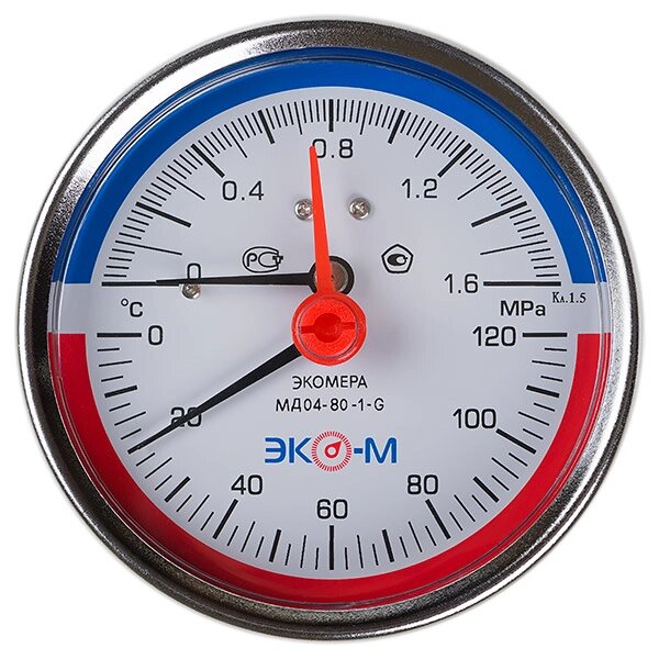 Термоманометр Экомера МД04-80мм 0..0,6МПа 0..120С G1\4 L=40mm с переходником на G1\2 осевой от компании ТОО Alfaopt KZ - фото 1