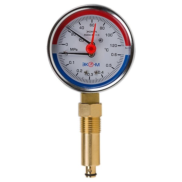 Термоманометр Экомера МД04-80мм 0..0,6МПа 0..120С G1\4 L=40mm с переходником на G1\2 от компании ТОО Alfaopt KZ - фото 1