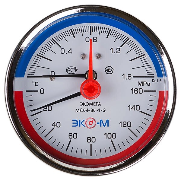 Термоманометр Экомера МД04-80мм 0..0,6МПа 0..120С G1\4 L=60mm с переходником на G1\2 осевой от компании ТОО Alfaopt KZ - фото 1