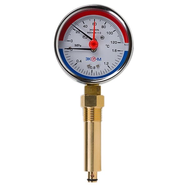 Термоманометр Экомера МД04-80мм 0..1,6МПа 0..120С G1\4 L=60 mm с переходником на G1\2 от компании ТОО Alfaopt KZ - фото 1