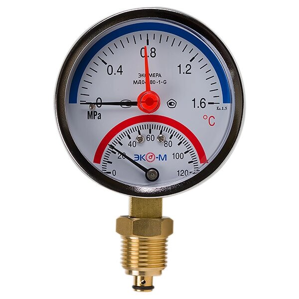 Термоманометр Экомера МД04-80мм 0..1,6МПа 0..120С G1\4 с переходником на G1\2 от компании ТОО Alfaopt KZ - фото 1