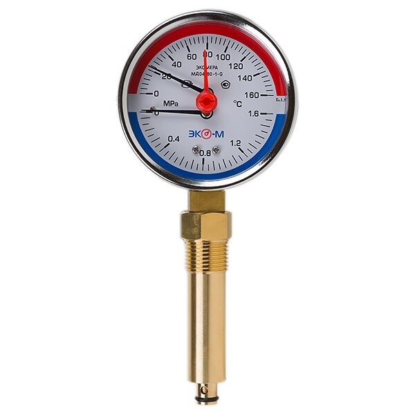 Термоманометр Экомера МД04-80мм 0..1,6МПа 0..160С G1\4 L=60 mm с переходником на G1\2 от компании ТОО Alfaopt KZ - фото 1