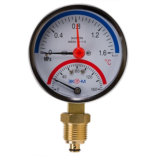 Термоманометр Экомера МД04-80мм 0..1,6МПа 0..160С G1\4 с переходником на G1\2 от компании ТОО Alfaopt KZ - фото 1