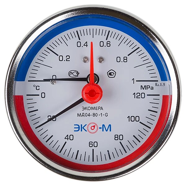 Термоманометр Экомера МД04-80мм 0..1МПа 0..120С G1\4 L=40 mm с переходником на G1\2 осевой от компании ТОО Alfaopt KZ - фото 1