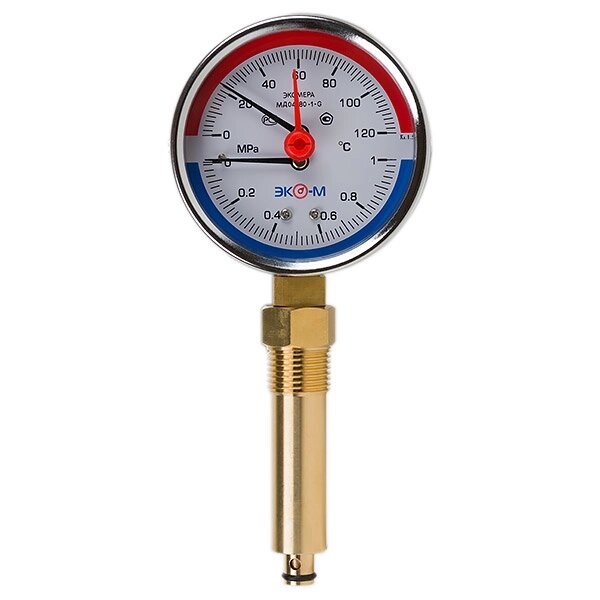 Термоманометр Экомера МД04-80мм 0..1МПа 0..120С G1\4 L=60 mm с переходником на G1\2 от компании ТОО Alfaopt KZ - фото 1