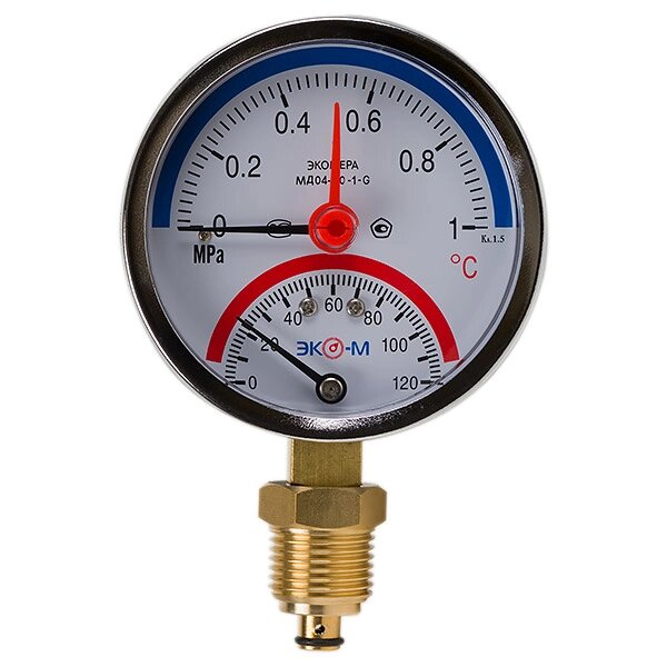 Термоманометр Экомера МД04-80мм 0..1МПа 0..120С G1\4 с переходником на G1\2 от компании ТОО Alfaopt KZ - фото 1