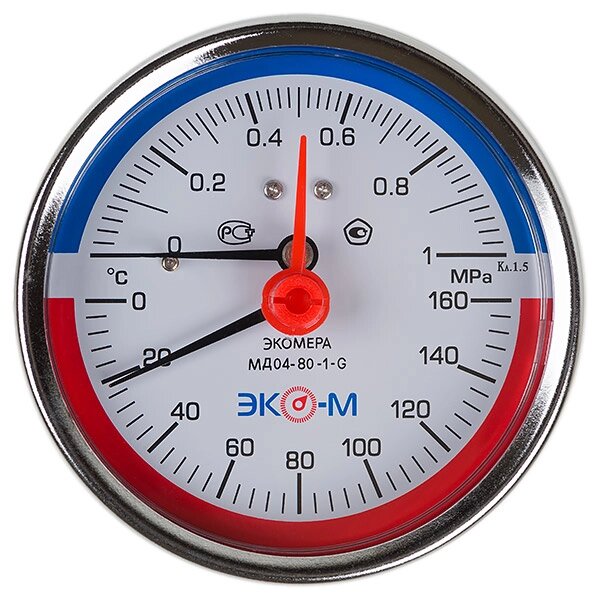 Термоманометр Экомера МД04-80мм 0..1МПа 0..160С G1\4 L=40 mmс переходником на G1\2 осевой от компании ТОО Alfaopt KZ - фото 1