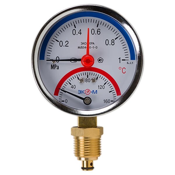 Термоманометр Экомера МД04-80мм 0..1МПа 0..160С G1\4 с переходником на G1\2 от компании ТОО Alfaopt KZ - фото 1