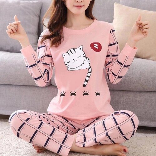 2B-ярд Зимний пижамный комплект с милым мультяшным котом и принтом для женщин из двух частей для сна с Под