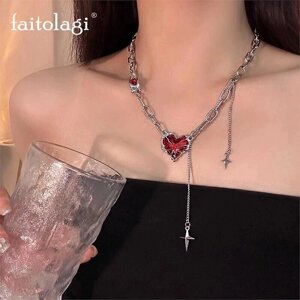 Faitolagi 1 шт., красное ожерелье с подвеской в форме звезды, Y2K, эстетичная серебристая металлическая