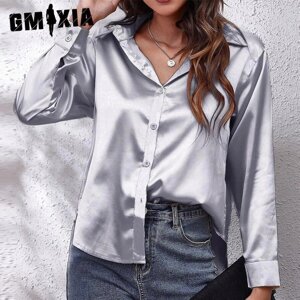 GMXIA Женские модные повседневные однотонные блузки и рубашки-поло с длинным рукавом с принтом