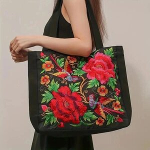 Yogodlns Сумка-тоут из холста с цветочной вышивкой, сумка через плечо в этническом стиле, сумка большой
