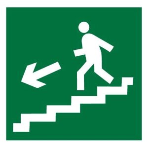 Знак E14 Направление к эвакуационному выходу по лестнице вниз (левосторонний) ГОСТ 12.4.026-2015 (Пленка 150 х 150)