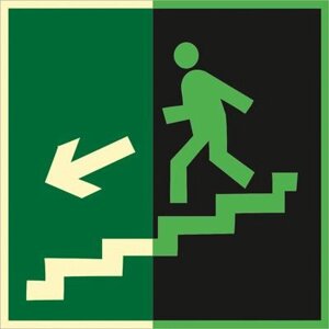 Знак E14 Направление к эвакуационному выходу по лестнице вниз (левосторонний) ГОСТ 34428-2018 (Фотолюминесцентный